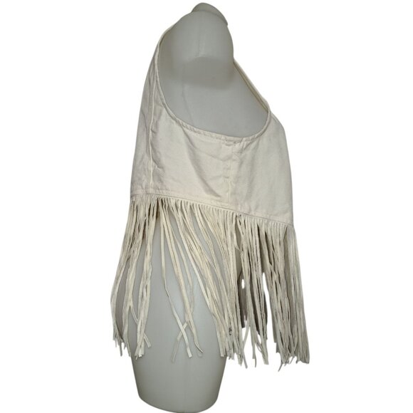 Boho Fringe Vest Momens OX Beige Cream Button Front Western Festival Top - Picture 4 of 4